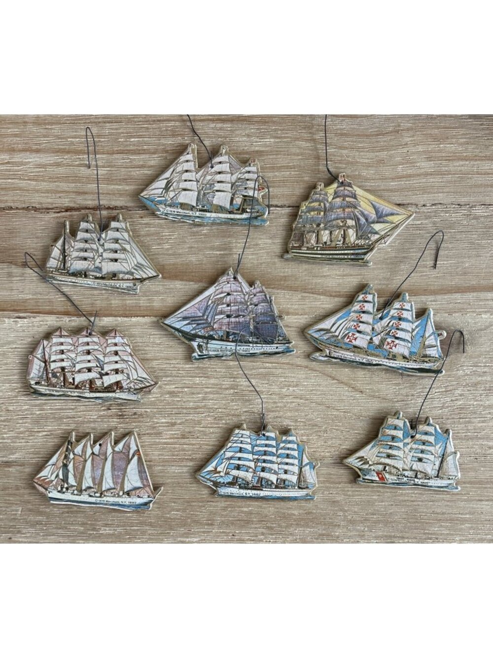 Vintage 1979  Merrimack (9) Die Cut Tall Ships Christmas Ornaments Cardboard